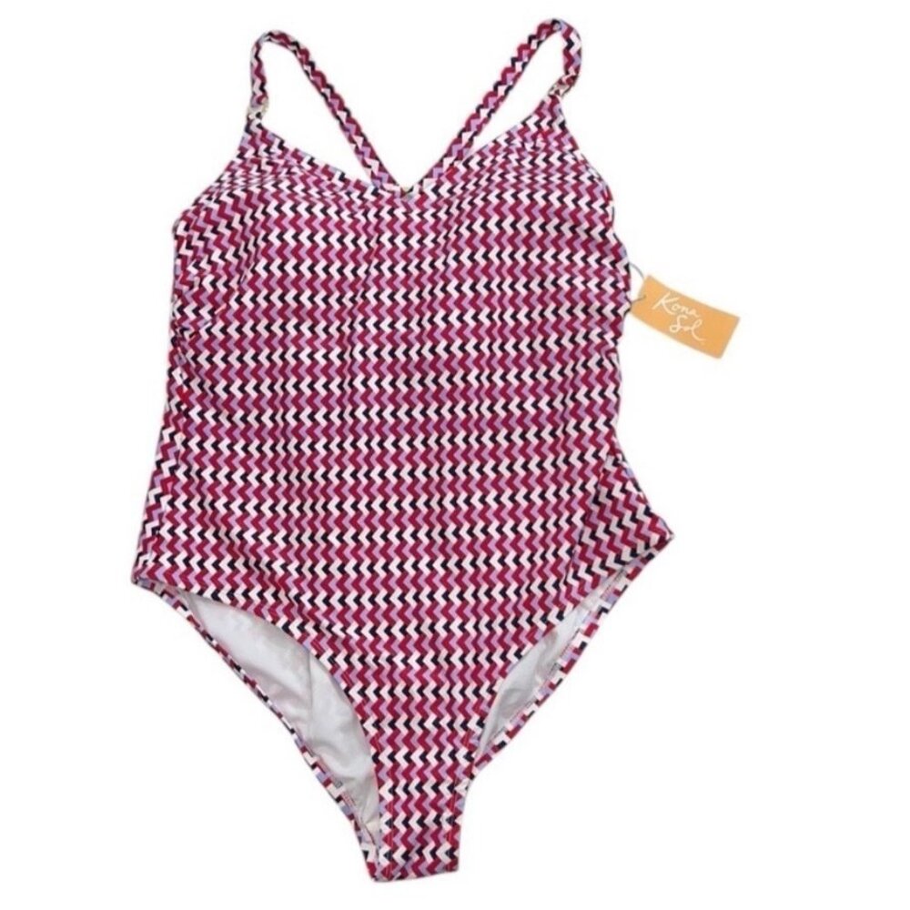 Kona Sol Swimsuit Womens 17 Red/White/Navy Zig-Zag Spandex One-Piece Strappy NWT